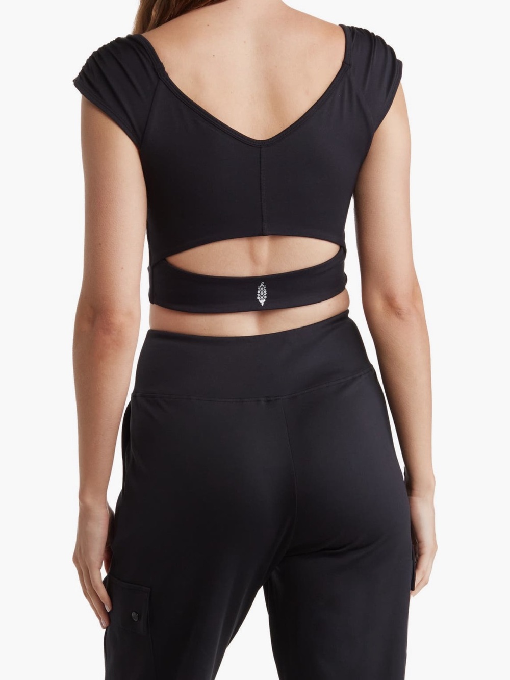 Free People Black Cutout-Back Crop Top with Cap Sleeves
